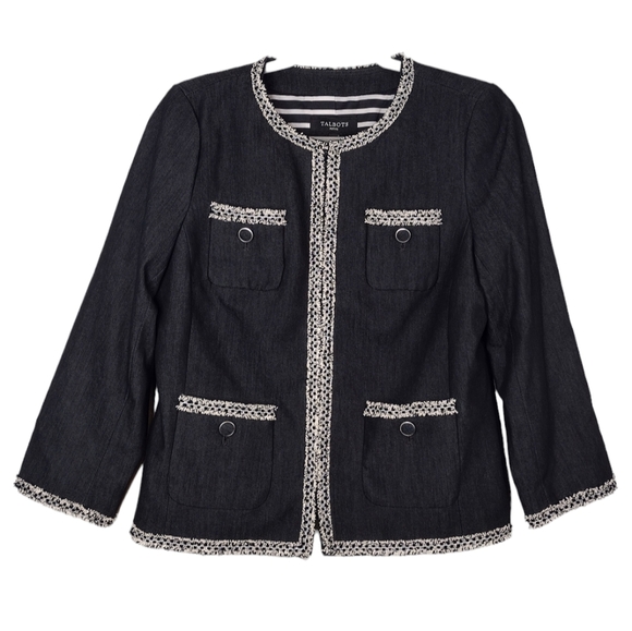 NWT Talbots Petite Tweed Fringe Denim Lined Patch Pockets Business Blazer Sz 8P - Picture 1 of 15